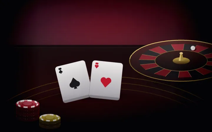 Live casino table in red and black with cards, chips and a roulette wheel