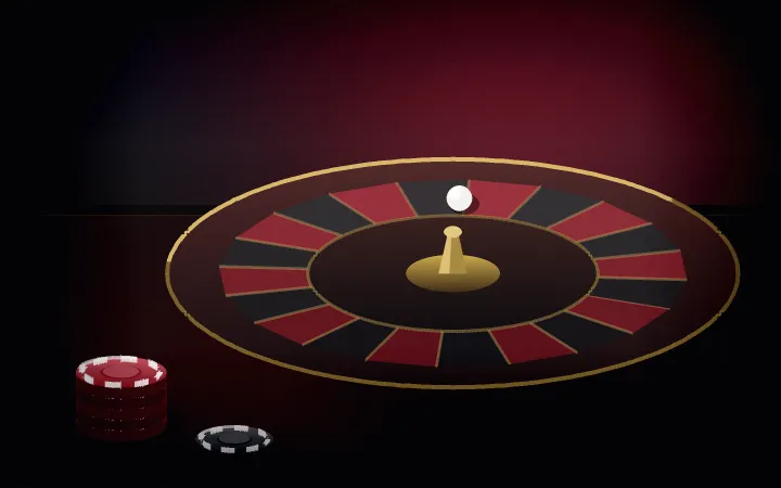 Roulette wheel viewed from above showing red and black pockets and the ball