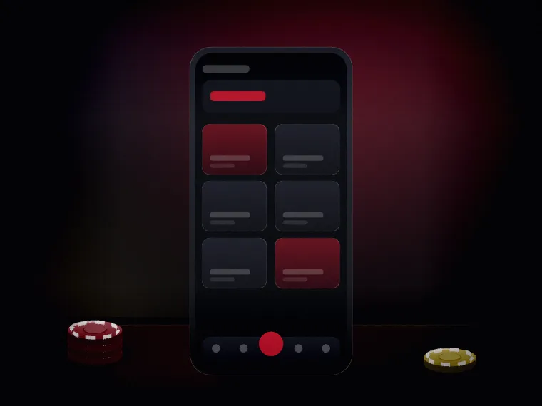 Phone showing the game grid of the site with a bottom navigation bar