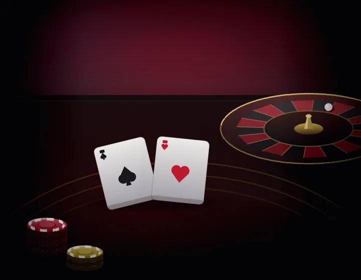 Live casino table in red and black with cards and chips in front of a roulette wheel